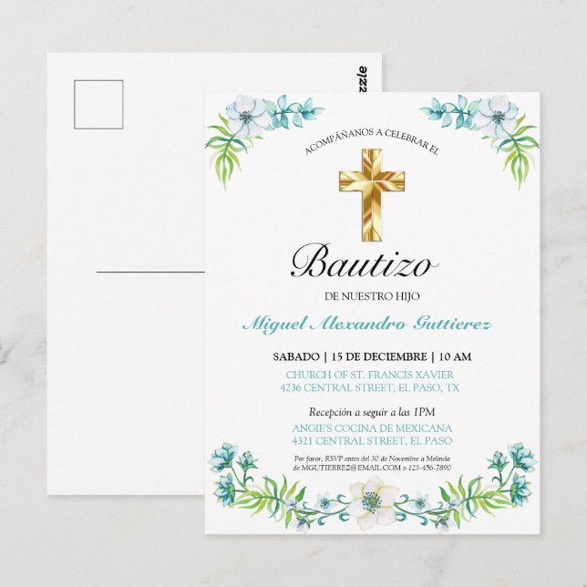 Carte Postale Elegante Flores y Cruz Para Niño Bautizo Invitatio (Devant / Derrière)