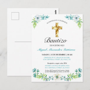 Carte Postale Elegante Flores y Cruz Para Niño Bautizo Invitatio