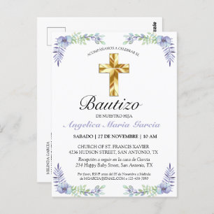 Carte Postale Elegante Lavanda Cruz De Oro Bautizo Bebé Invitati