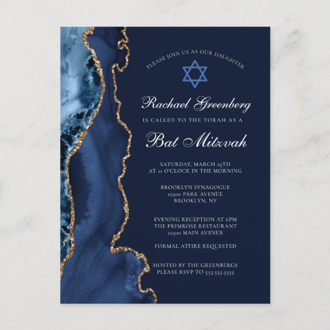 Carte Postale Elégante Marine Blue Gold Agate Bat mitzvah Party (Devant)