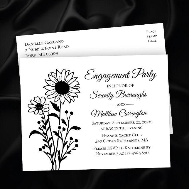 Carte Postale Élégante partie d'engagement floral noir et blanc (Créateur téléchargé)