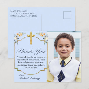 Carte Postale Elégante Pêche Bleue Flore 1ère Sainte Communion M