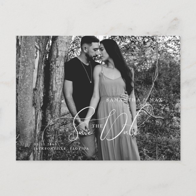 Carte Postale Élégante photo B/W Couple Enregistrer la date (Devant)