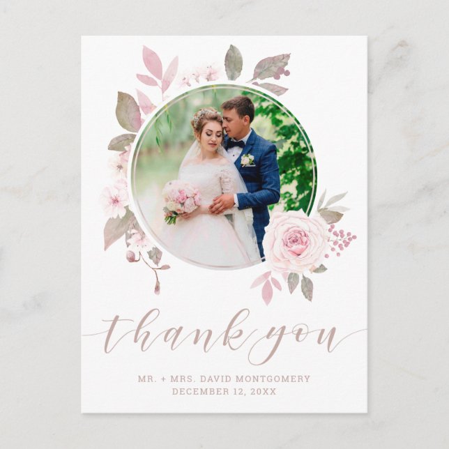 Carte Postale Élégante photo de mariage florale à l'aquarelle ro (Devant)