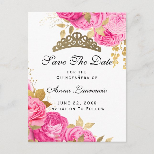 Carte Postale Élégante Quinceanera Florale Rose Chaud Enregistre (Devant)