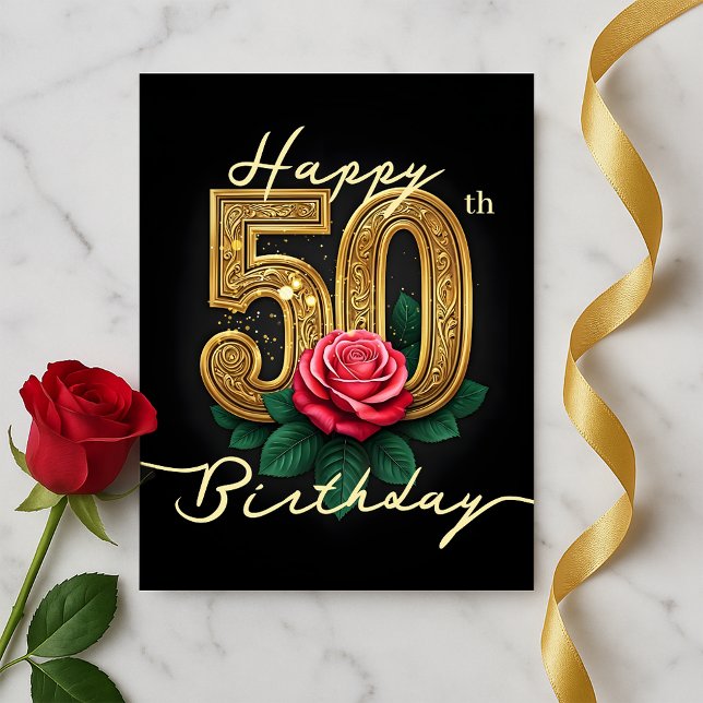 Carte Postale Élégante Rose en Fleur et 50e Anniversaire Luxueux (Créateur téléchargé)