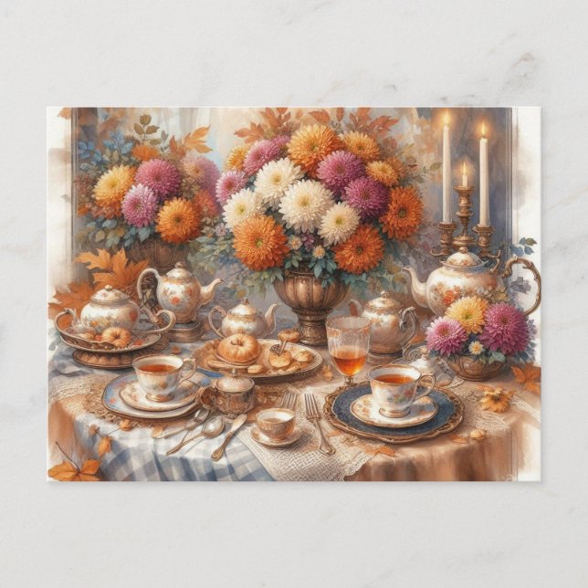 Carte Postale Elégante Tea Party d'automne aquarelle (Devant)