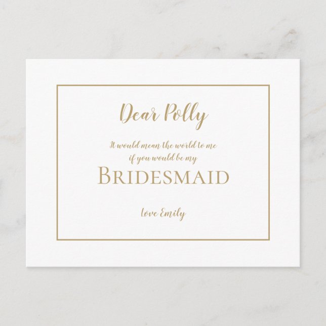 Carte Postale Elégante Typographie Or Simple /Demande Bridesmaid (Devant)