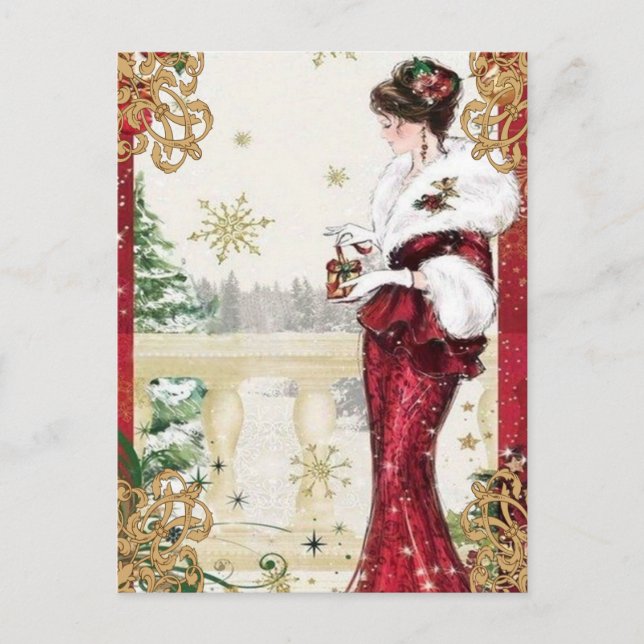 Carte Postale Élégante Vintage dame avec cadeau de Noël (Devant)