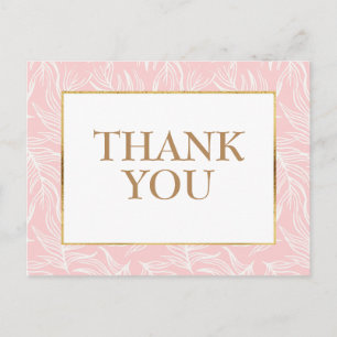 Carte Postale Élégants Feuilles blancs sur Merci d'or rose