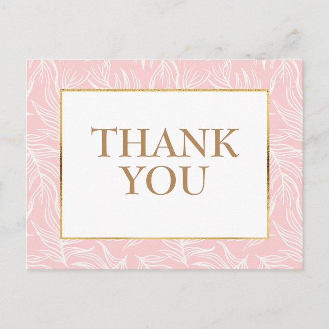 Carte Postale Élégants Feuilles blancs sur Merci d'or rose (Devant)