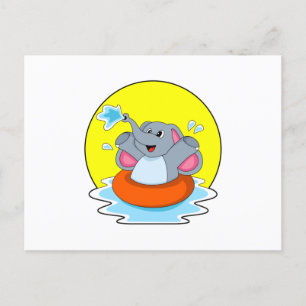 Carte Postale Éléphant à la baignade avec bouée de sauvetage