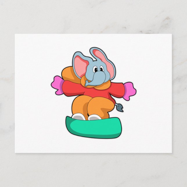 Carte Postale Elephant au snowboard avec snowboard (Devant)