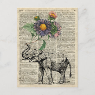 Carte Postale Elephant avec fleurs Collage sur la page Vintage