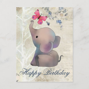 Carte Postale Éléphant avec papillon rose