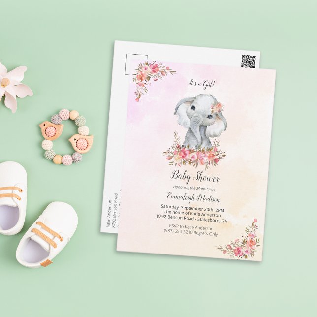 Carte Postale Elephant Baby shower Boho Chic Coral Aquarelle (Créateur téléchargé)