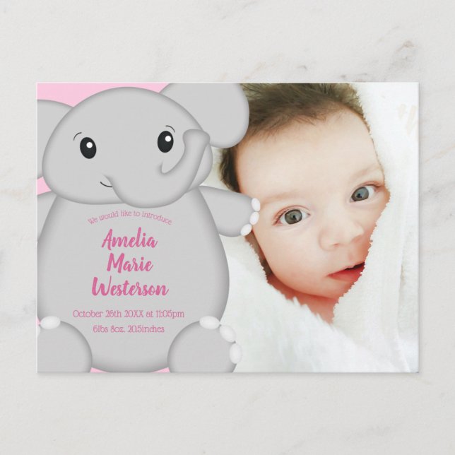 Carte Postale Elephant Baby shower rose Safari fille (Devant)