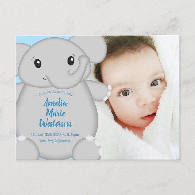 Carte Postale Elephant Baby shower Safari Blue Boy (Devant)