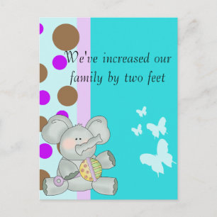 Carte Postale Éléphant Bébé Bleu Vert Brun et Violet