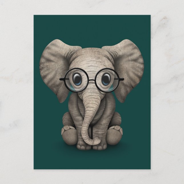 Carte Postale Eléphant bébé mignon avec lunettes de lecture Turq (Devant)