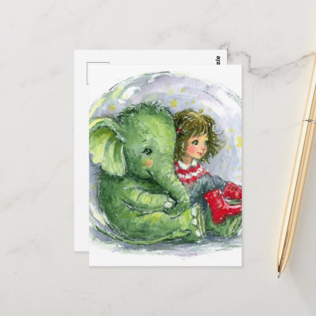 Carte Postale Eléphant bébé mignon et une fille (Devant/Arrière en situation)