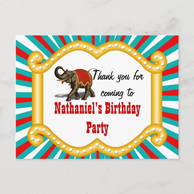 Carte Postale Elephant Circus Enfants Garçons Anniversaire Merci (Devant)