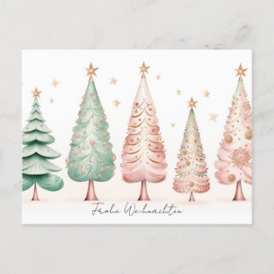Carte Postale Éléphant de Noël rose et vert