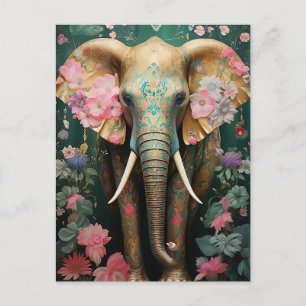 Carte Postale éléphant doré avec fleurs colorées