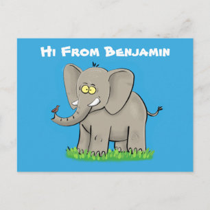 Carte Postale Éléphant drôle mignon avec oiseau sur le nez dessi