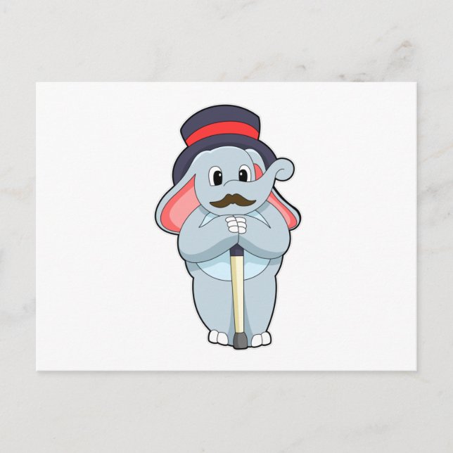 Carte Postale Elephant en Gentleman avec Casquette et bâton de m (Devant)