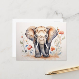 Carte Postale Eléphant et fleurs de charme aquarelle peinture