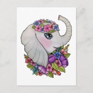 Carte Postale Eléphant Et Fleurs Sauvages Dans L'Aquarelle