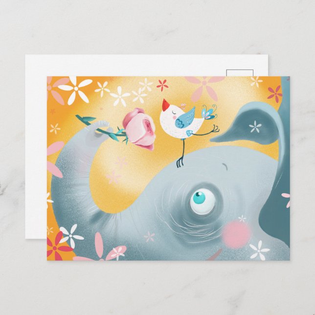 Carte Postale Éléphant et oiseau lunaire (Devant / Derrière)