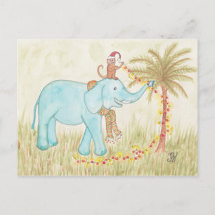Carte Postale Eléphant et singe Strant lumières de Noël