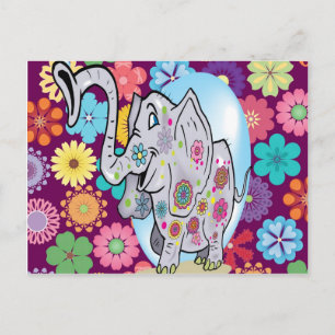 Carte Postale Eléphant hippie mignon avec fleurs colorées