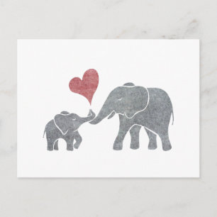 Carte Postale Elephant Hugs Grey Maman et bébé avec le coeur rou