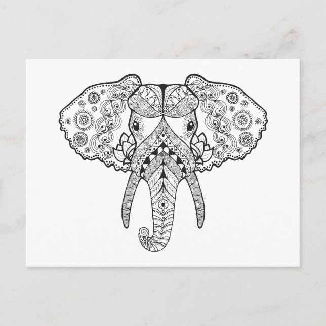 Carte Postale Eléphant inspiré Zentangle (Devant)