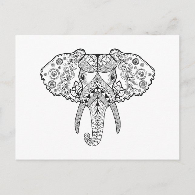 Carte Postale Eléphant inspiré Zentangle (Devant)