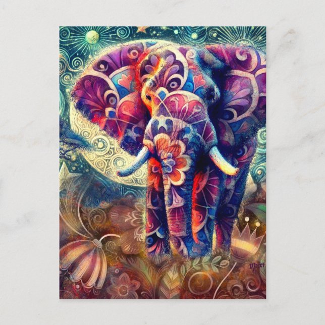 Carte Postale Éléphant lunaire à la nuit Bleu pourpre étoiles Lu (Devant)
