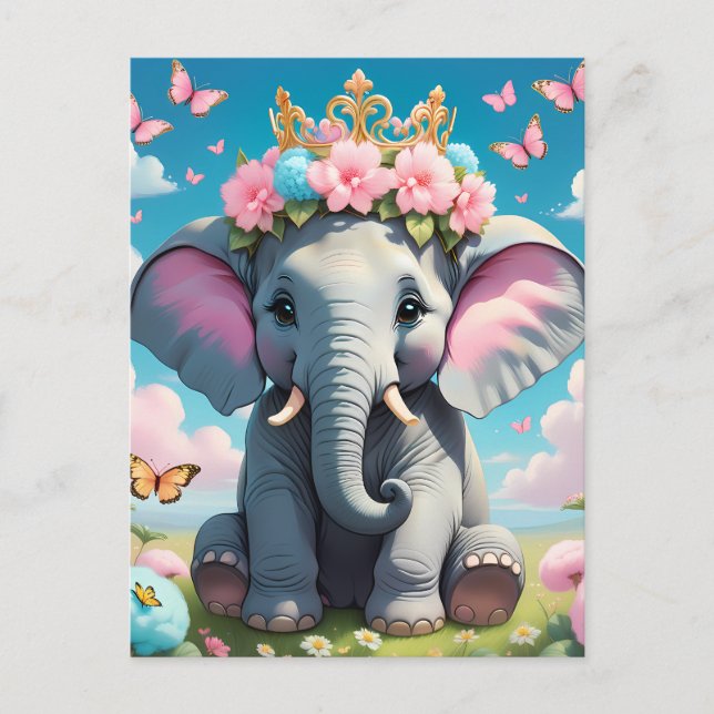 Carte Postale Eléphant mignon avec couronne de fleurs (Devant)