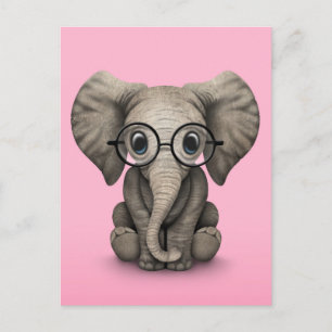 Carte Postale Eléphant mignon bébé avec lunettes de lecture rose