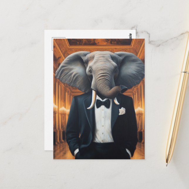 Carte Postale Eléphant mignon dans un Tux (Devant/Arrière en situation)