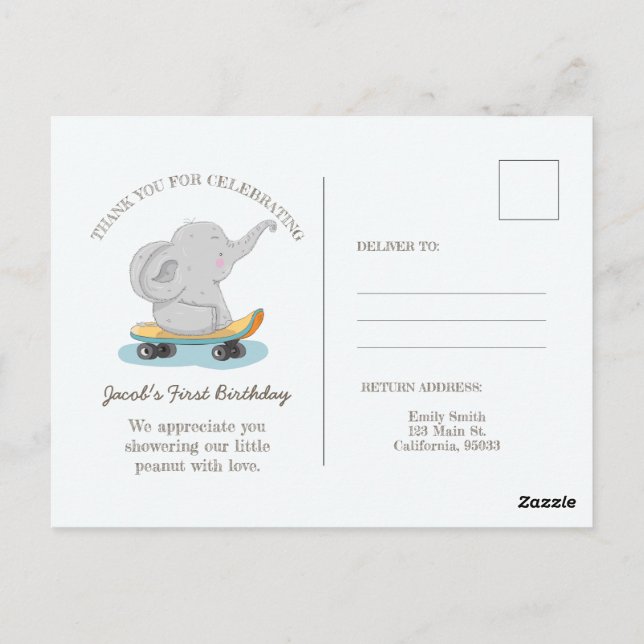 Carte Postale Eléphant mignon sur skateboard. (Dos)