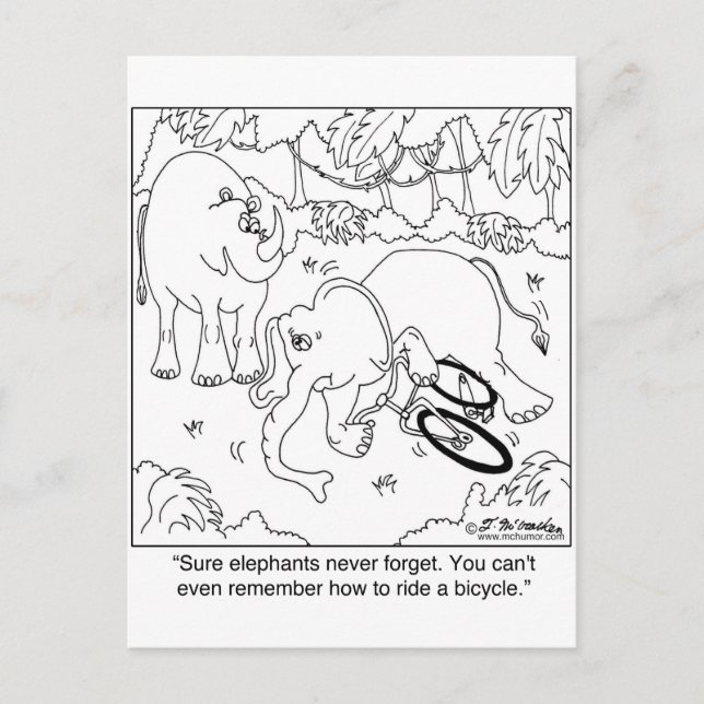 Carte Postale Elephant ne se rappelle pas comment faire un vélo (Devant)