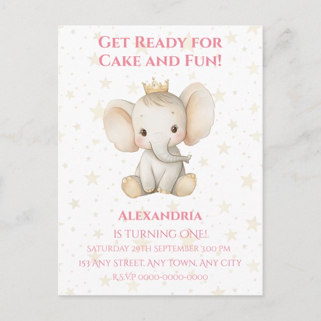 Carte Postale éléphant princesse personnalisé pour le 1er annive (Devant)
