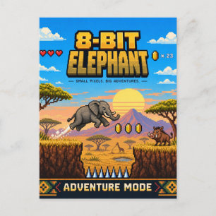 Carte Postale Éléphant, Rétro Pixel Art 8-Bit