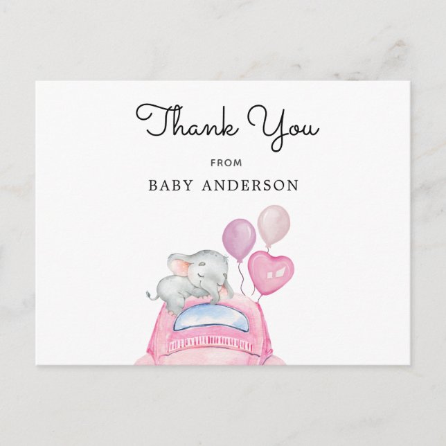 Carte Postale Elephant sur Pink Car Drive Par Baby shower (Devant)