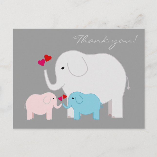 Carte Postale Eléphants en Merci bleu et rose (Devant)