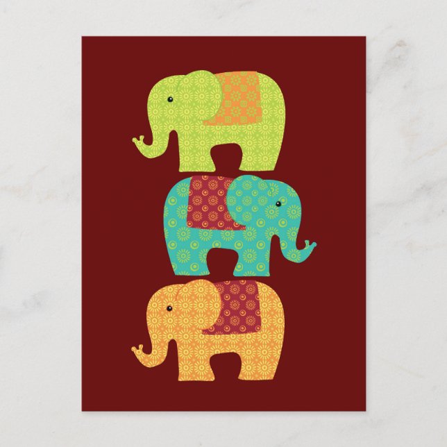 Carte Postale Eléphants ethniques avec fleurs sur le rouge du ma (Devant)