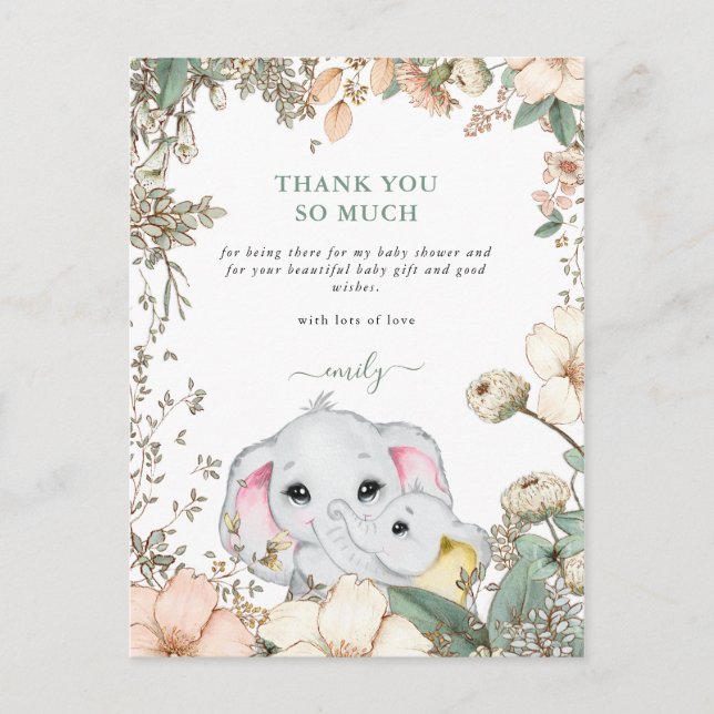 Carte Postale Eléphants Foliage Sage Baby shower vert Merci (Devant)